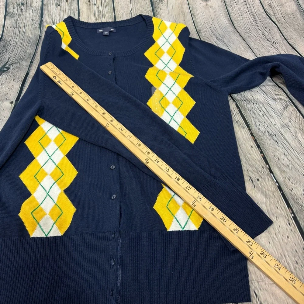 Gap NWOT Navy Button Down Caridigan Yellow Green Argyle Diamond Y2K Preppy Sz XL - Picture 11 of 12